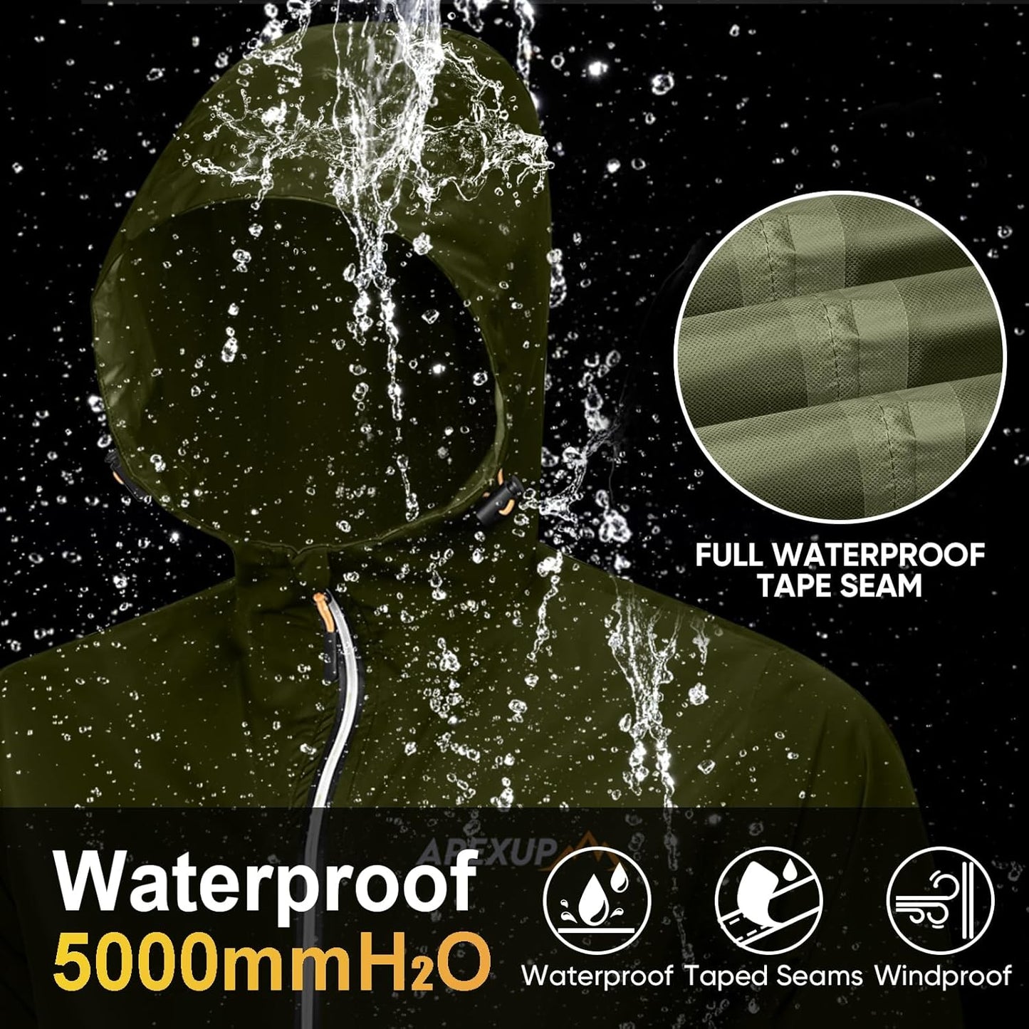 APEXUP Packable Rain Jacket Men with Reflective Zipper, Lightweight Waterproof Raincoat, Mens Rain Jacket for Outdoor Sports