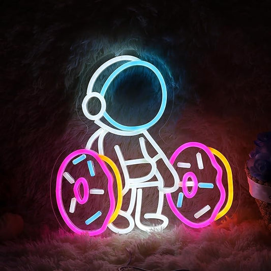 Astronaut Lifting Donut Neon Sign Astronaut Donut Neon Light Astronaut Light Sign Dimmable Bakery LED Neon Light for Club Decor Man Cave Game Room Bar Pub 12.5"×12.7"-FlexoryFit