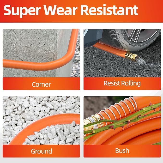 Garden Water Hose 25 ft x 3/4 in Heavy Duty, Flexible and Lightweight, Burst 600 psi, Kink-less Hybrid Rubber Pipe for Backyard, 3/4'' Brass Fittings, Orange