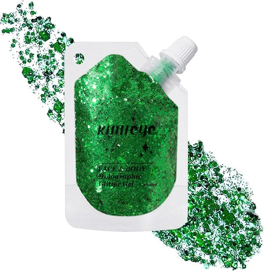 Holographic Face Glitter Gel Body Shimmer Makeup for for Hair, Face, Clavicle, Arm, Nail, Eyeshadow, Long Lasting Waterproof Party Glitter for St. Patrick's Day, 1.35oz (Grass Green #16)-FlexoryFit
