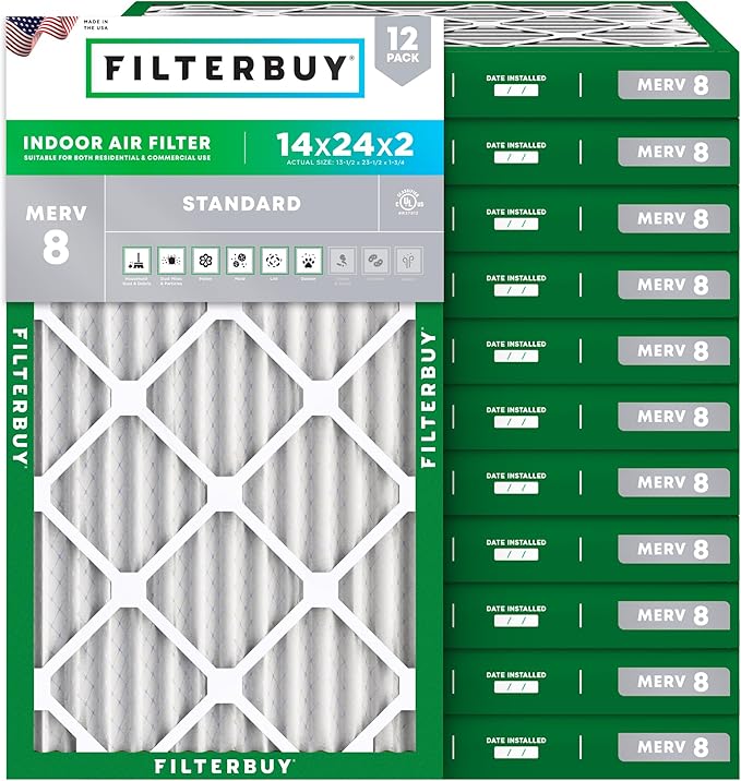 Filterbuy 14x24x2 Air Filter MERV 8 (MPR 700) Dust Defense Replacement (12-Pack), Electrostatic Pleated HVAC AC Furnace Filters, Made in USA (Actual Size: 13.50 x 23.50 x 1.75)