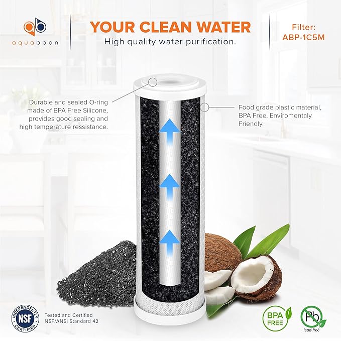 Aquaboon 5 Micron 10 x 2.5 Premium CTO Filter Cartridge for Whole House Carbon Block Water Filter Replacement Compatible with FC15, FXWTC, 12-Pack