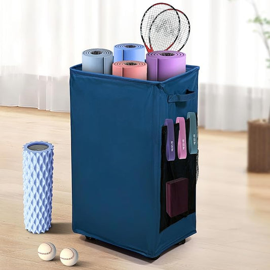 Yoga Mat Storage Racks, Home Gym Storage Rack with Wheels, Yoga Mat Holder Side 2 Mesh Pockets, Yoga Storage Basket Holds 4 Yoga Mats, 2 Foam Rollers, 6 Resistance Bands-FlexoryFit