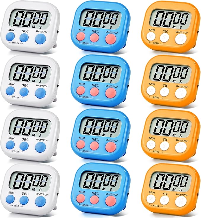 12 Pack Digital Kitchen Timer Magnetic Digital Timer with Big Display Loud Ring Cooking Timers for Kitchen Electronic Timer for Cooking, Bathing, Gym, Break Time, Classroom(12,White, Blue, Orange)-FlexoryFit