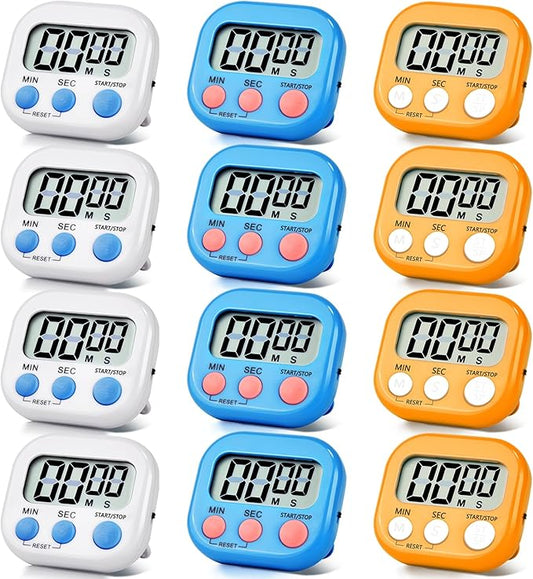 12 Pack Digital Kitchen Timer Magnetic Digital Timer with Big Display Loud Ring Cooking Timers for Kitchen Electronic Timer for Cooking, Bathing, Gym, Break Time, Classroom(12,White, Blue, Orange)-FlexoryFit
