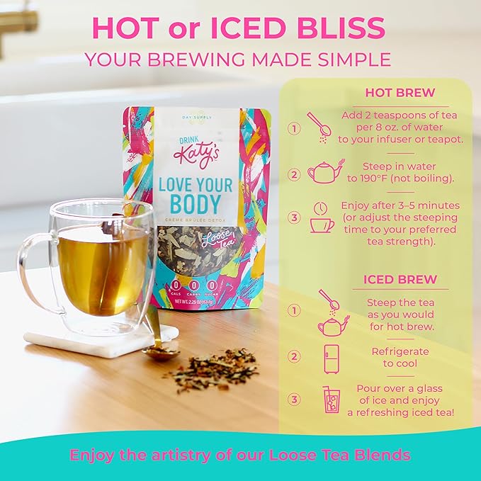 Katy’s Love Your Body Detox Tea | Green Tea, Ginger & Cinnamon | Lightly Caffeinated Herbal Wellness Blend | Crème Brûlée Flavor | Smooth & Comforting | 30+ Cups | Woman-Owned | 2.25oz Pouch-FlexoryFit