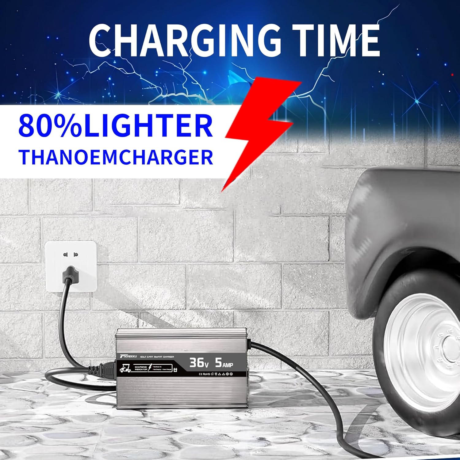 36V 5A Smart Golf Cart Battery Charger for Lead-Acid Batteries with EZGO-TXT Plug - 4-Stage Charging Technology, Fast & Safe Charging