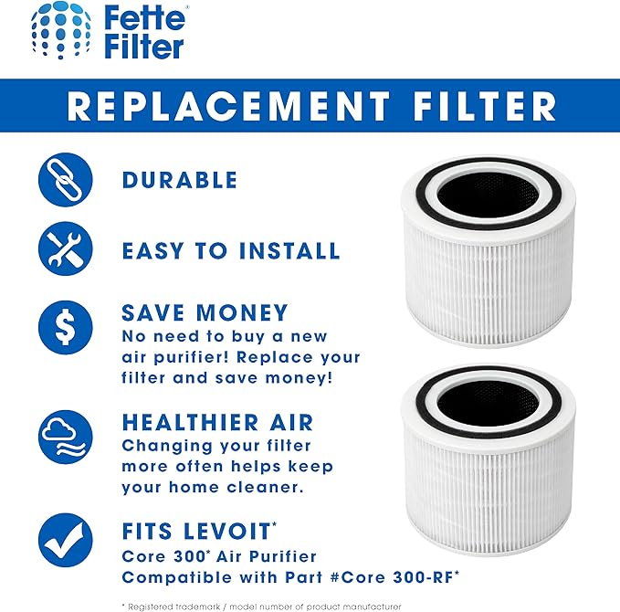 Fette Filter - 2 Pack Core 300 True HEPA Filters Compatible with LEVOIT Core 300 & Core P350 Air Purifier, 3-in-1 H13 Grade Premium True HEPA Filter Replacement Part # Core 300-RF and Core P350-RF