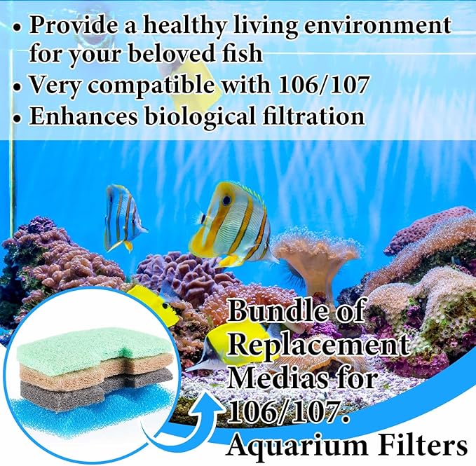 40 Pcs Compatible with 106/107 Replacement Filter Media Kit Compatible with Aquarium Filters Including 4 Biological Foams, 12 Ammonia Remover, 12 Phosphate Remover(106/107)