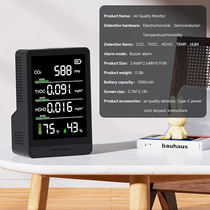 XOOPON 5 in 1 Professional Indoor Air Quality Monitor,C02 Monitor | Temperature | Humidity | TVOC, Formaldehyde Detector for Home,Office & Car, Battery Powered Portable Air Quality Tester