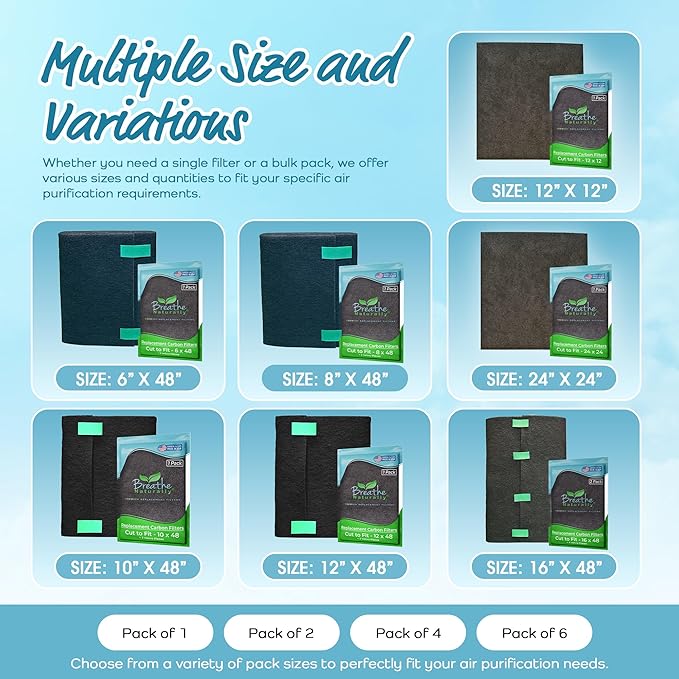 Breathe Naturally Universal Cut To Fit Carbon Activated Air Filter - Replacement Charcoal Filters - Pre Filter Carbon Sheet for Air Purifier, Vent Filters & More - Packed in USA (Pack of 4, 16x48)