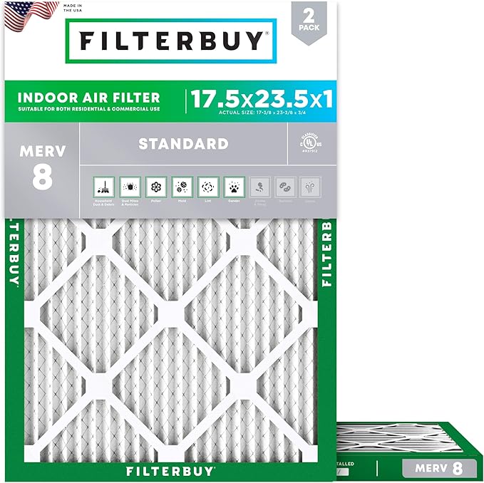 Filterbuy 17.5x23.5x1 Air Filter MERV 8 (MPR 700) Dust Defense Replacement (2-Pack), Electrostatic Pleated HVAC AC Furnace Filters, Made in USA (Actual Size: 17.38 x 23.38 x 0.75)
