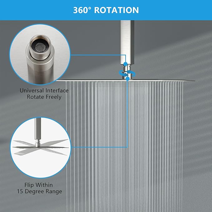 Lordear 16 Inch Shower Head Rainfall Solid Square Ultra Thin 304 Stainless Steel Brushed Nickel Adjustable Rain Shower Heads