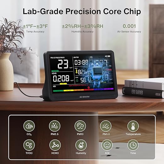 bonoch 16 in 1 Air Quality Monitor Indoor 7" Display 9 AQI+7 AQI Alerts Air Quality Tester for CO2, TVOC, PM2.5 PM1.0 PM10, HCHO, Temperature Humidity AQI & Time, Air Quality Meter for Home-Black