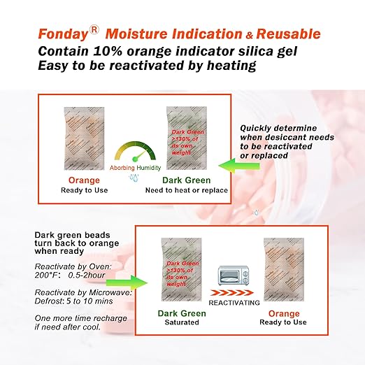 50Gram 20Packets Fonday Rechargeable Silica Gel Desiccant Packets Food Grade Fast Reactivate Desiccant Bags Moisture Indicating Orange to Green