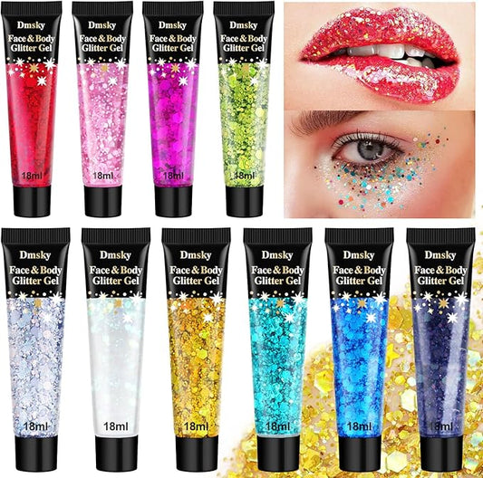 10 Colors Body Glitter,Face Glitter Makeup for Kids Women,Sparkly Chunky Hair Glitter for Eye Lip Hair Nails,Mardi Gras Glitter Makeup Face Paint,Singer Concerts Disco Rave Festival Accessories-FlexoryFit
