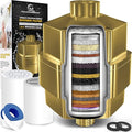 AquaHomeGroup 20 Stage Shower Filter for Hard Water - High Output Universal Shower Head Filter for Chlorine, Fluoride, Heavy Metals - Vitamin C E Shower Water Filter for Hair and Skin (Golden)
