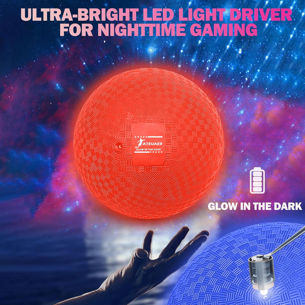 8.5 Inch Light up Kickball Set, Dodgeballs 2 Pack, Playground Balls Gift for Kids, Glow Bouncy Balls Includes Pump and Storage Bag, Handball for Night, Glow in The Dark Party Supplies