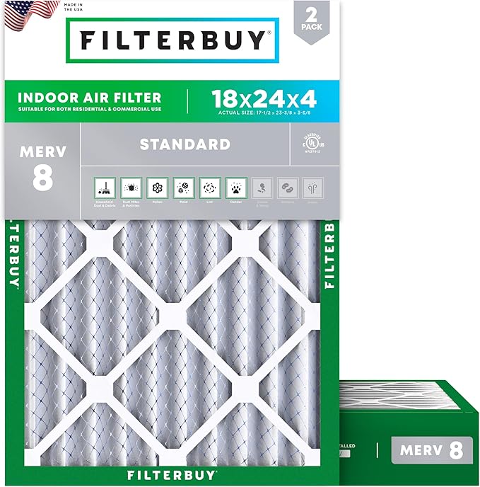 Filterbuy 18x24x4 Air Filter MERV 8 (MPR 700) Dust Defense Replacement (2-Pack), Electrostatic Pleated HVAC AC Furnace Filters, Made in USA (Actual Size: 17.50 x 23.38 x 3.63)