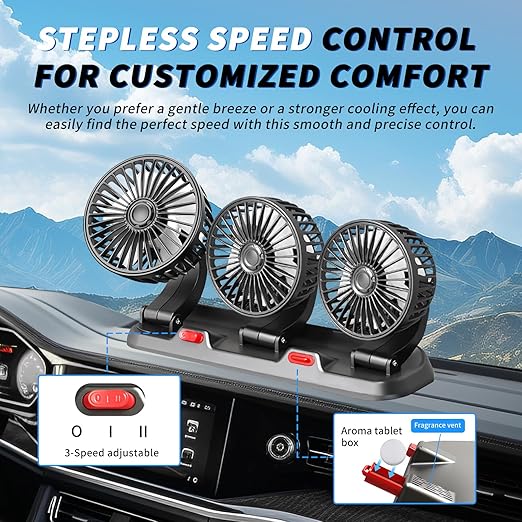 Portable 3-Head Car Cooling Fan - 2-Speed Adjustable, 360° Rotating USB Fan Powerful Airflow for Vehicles, RVs, and SUVs
