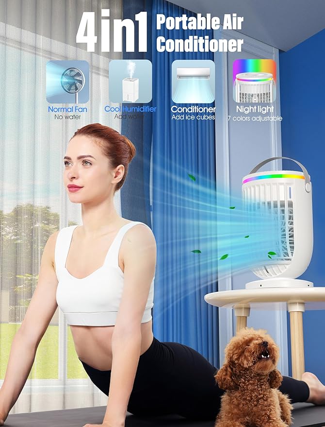 JYew Portable Air Conditioners Evaporative Mini Room Air Conditioners,Portable AC Unit Air Cooler with 4 in 1 Humidifier Fan Conditioner, AC Portable for Room with 120° Rotating Function01