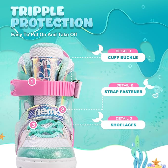 NEMONE Mermaid Inline Skates, 4 Sizes Adjustable Skates for Girls Kids with Light up Wheels, Indoor Beginner Outdoor for Kids Ages 4-6 5-8 6-12 8-12-FlexoryFit