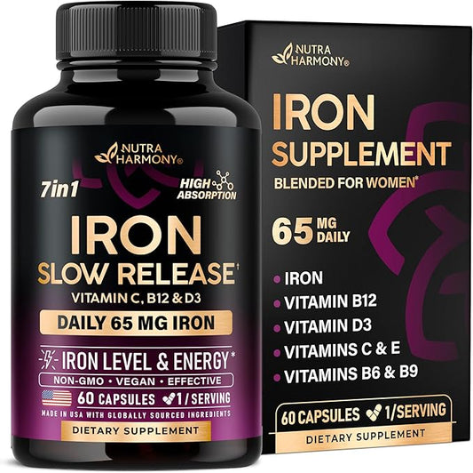 Iron Supplement for Women - Iron 65mg (Ferrous Sulfate 325mg) - Stomach Friendly | Slow Release Iron | High Absorption - Vitamins C, D3, B6, B12 & Folate - Iron Level & Energy Support - 60 Capsules-FlexoryFit