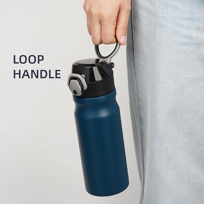 Insulated Water Bottle with Straw and Carry Loop,18 oz Stainless Steel Double Wall Vaccum Metal Water Flask with Leak-proof Lid,Navy blue-FlexoryFit