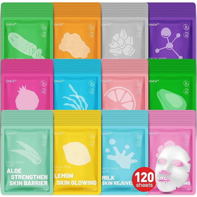 120 Pack Collagen Essence Sheet Face Masks Skincare, Moisturizing & Hydrating Face Mask for Skin Care, Bulk Face Masks for All Skin Types, Spa Party Gifts for Women (12 Types x 10 Pcs)-FlexoryFit