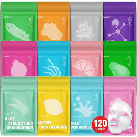 120 Pack Collagen Essence Sheet Face Masks Skincare, Moisturizing & Hydrating Face Mask for Skin Care, Bulk Face Masks for All Skin Types, Spa Party Gifts for Women (12 Types x 10 Pcs)-FlexoryFit