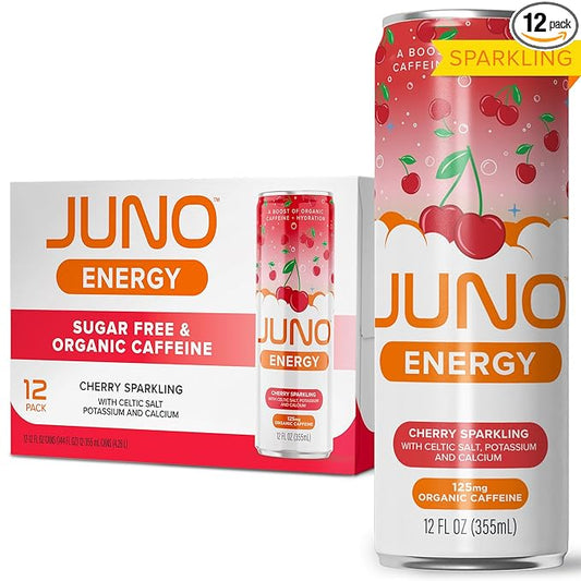 JUNO ENERGY Organic Cherry Sparkling Drink - Sugar Free Electrolytes, Energizing and Hydrating with 125mg Organic Caffeine from Green Coffee Beans, Organic Monk Fruit, Organic Sour and Black Cherry Juice & Electrolytes - Vegan, Gluten Free, 12 Pack-FlexoryFit