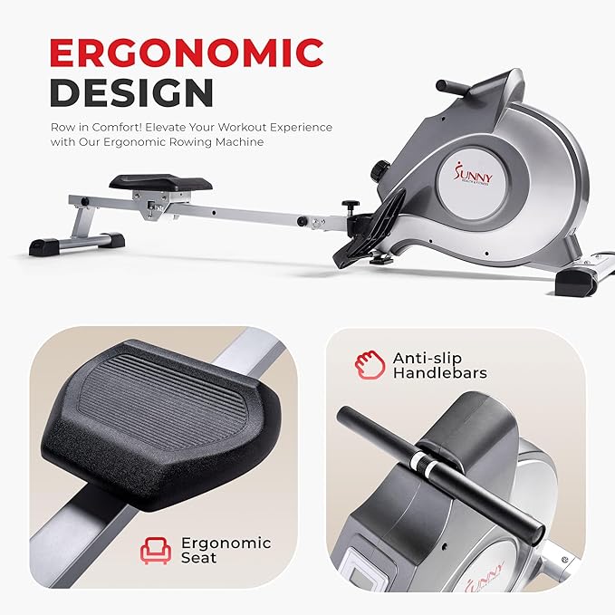 Sunny Health & Fitness Flip & Foldable Rowing Machine for Home w/Extended Slide Rail, Full-Body Workout, Low-Impact, Optional Extra Long Rail, Quiet Rail Cover, Water Motion and Free SunnyFit App-FlexoryFit