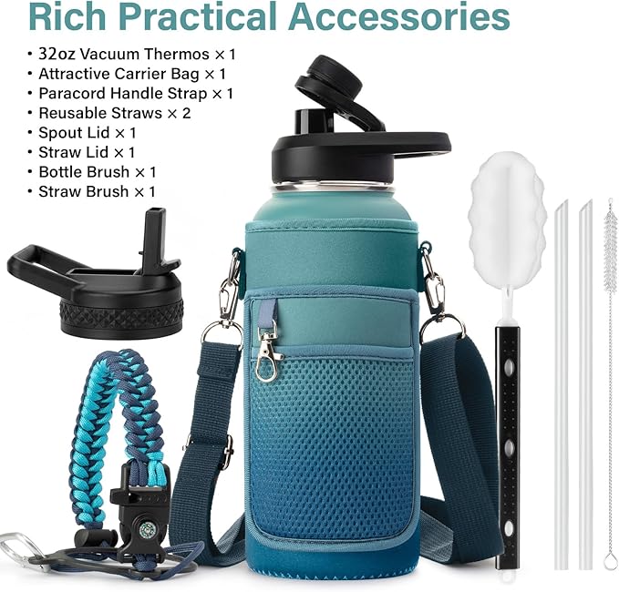 Insulated Water Bottle | Thickened Stainless Steel Vacuum Metal | Portable Sports Water Jug for Gym and Hiking with Straw, Carrier Bag, Handle Strap | BPA-Free 32 oz-FlexoryFit
