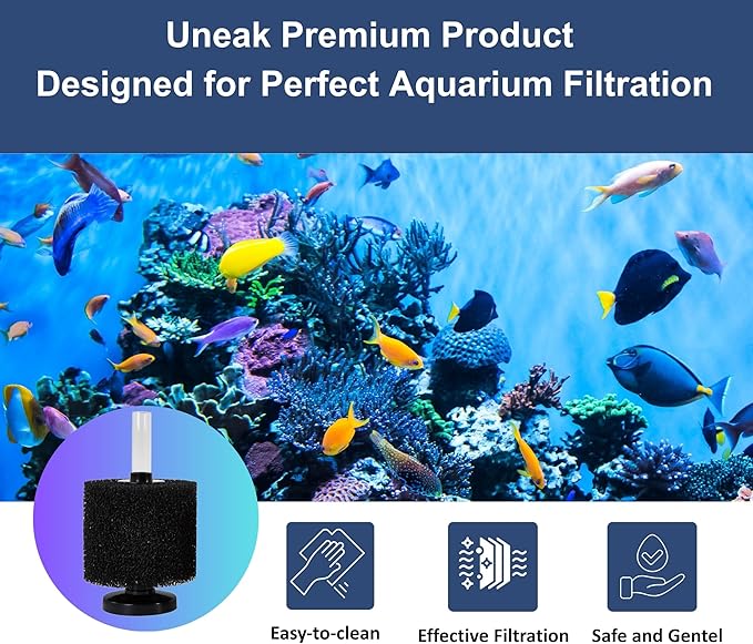 UNEAK Medium Aquarium Sponge Filter Fish Tank Silent Filteration Breeding Fry Betta Shrimp Nano Tank Accessories Air Stone 4-inch Airline Tubing up to 20 Gallon