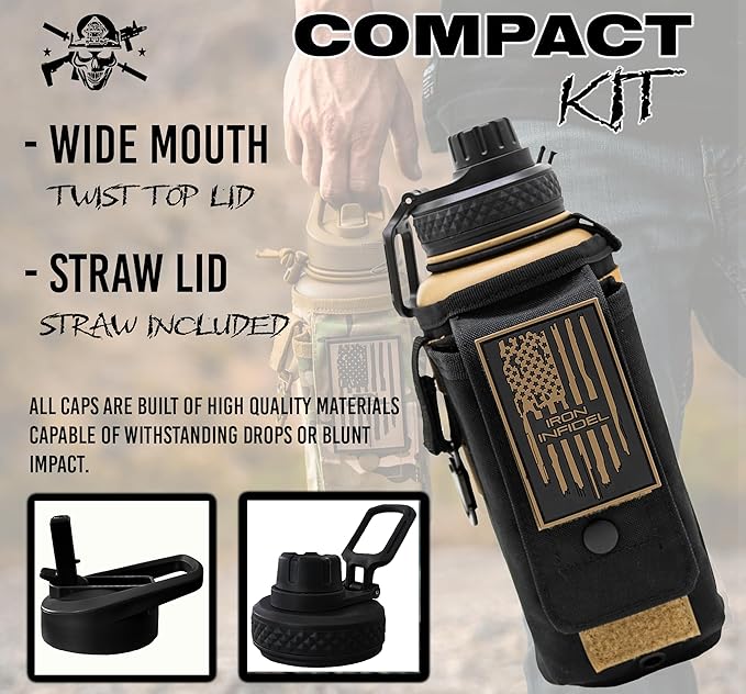 Iron Infidel Battle Bottle - 32 Oz Insulated Water Bottle with Straw Lid & Chug Cap, Stainless Steel Metal Flask Includes Rugged, Removable Sleeve for Keys, Wallet, & Phone (Brown Recluse 1 Liter)-FlexoryFit