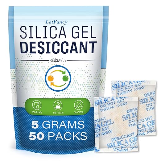 LotFancy 5 Gram (50 Pack) Silica Gel Packets, Color Indicating Desiccant - Rechargeable Moisture Absorbers for Food Storage, Electronics, 3D Filament & Safes