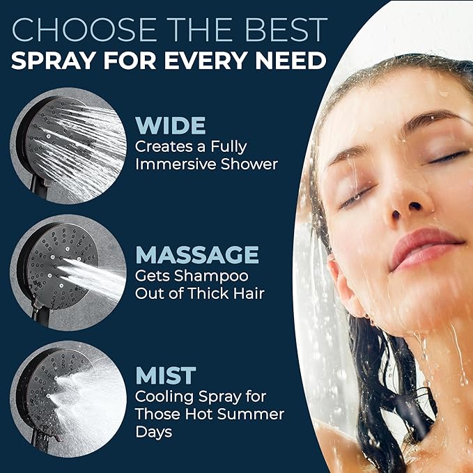 HammerHead Showers® Solid Metal 3-Spray Handheld Shower Head with Long Hose and Holder - MATTE BLACK - 2.5 GPM High Pressure Shower Head with Handheld Sprayer - WIDE, MASSAGE, and MIST Sprays