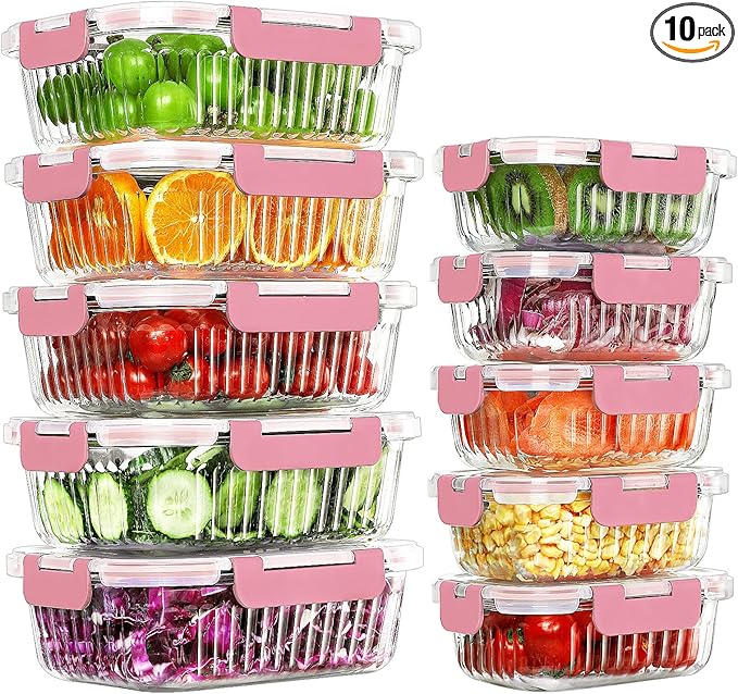 10 Packs Glass Meal Prep Containers with Lids, Glass Food Storage Containers Set, Airtight Lunch Containers, Microwave, Oven, Freezer and Dishwasher Safe, Pink-FlexoryFit