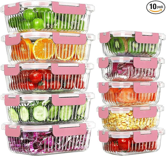 10 Packs Glass Meal Prep Containers with Lids, Glass Food Storage Containers Set, Airtight Lunch Containers, Microwave, Oven, Freezer and Dishwasher Safe, Pink-FlexoryFit