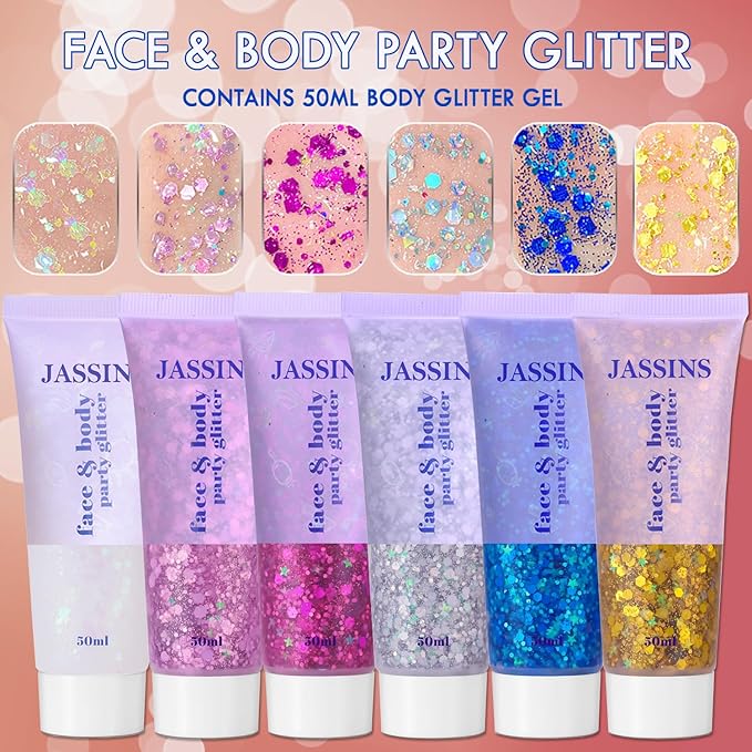 JASSINS 2 Colors Body Glitter, 100ml Face Glitter for Women Girls Kids, Glitter Gel Makeup Tween Gifts, Singer Concerts Festival Rave Accessories, Chunky Mermaid Sequins Glitter-FlexoryFit