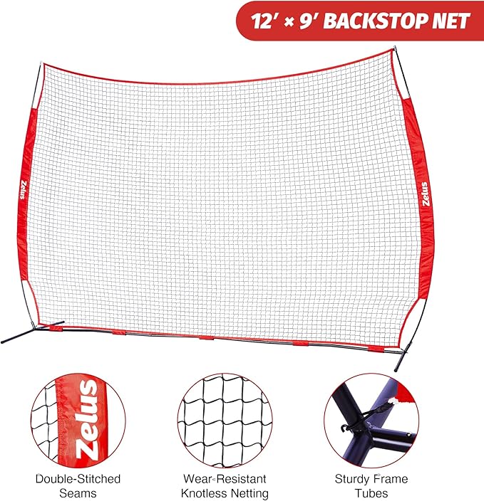 ZELUS Collapsible Barricade Backstop Net 12x9 ft, Net for Lacrosse, Baseball, Basketball, Soccer, Field Hockey and Softball Practice Barrier, Portable Hitting Net for Backyard, Park, with Carry Bag