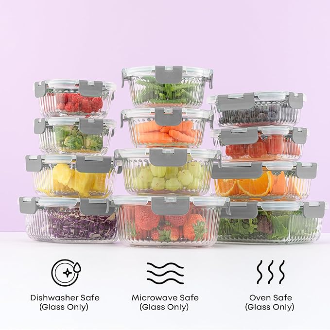 JoyJolt 24pc Borosilicate Glass Storage Containers with Lids | 12 Airtight/Freezer Safe Food Storage Containers for Pantry and Kitchen | Meal Prep Container for Lunch | Glass Tupperware Set-FlexoryFit