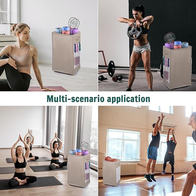 Yoga Mat Storage Racks, Home Gym Storage Rack with Wheels, Yoga Mat Holder Side 2 Mesh Pockets, Yoga Storage Basket Holds 4 Yoga Mats, 2 Foam Rollers, 6 Resistance Bands-FlexoryFit