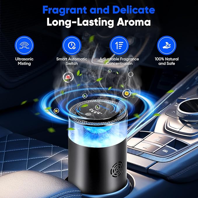 Smart Car Air Freshener Car Air Diffuser with Beautiful Cloud Mist Effect, Auto On/Off, 2 x Perfumes Refills (Osmanthus & Oceann), 900mAh Battery, 4 Modes, Ambiance Light Car Fragrance Diffuser