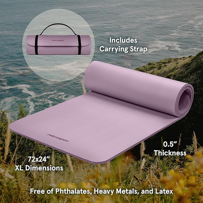 Retrospec Solana Yoga Mat 1/2" Thick w/Nylon Strap for Men & Women - Non Slip Exercise Mat for Yoga, Pilates, Stretching, Floor & Fitness Workouts-FlexoryFit