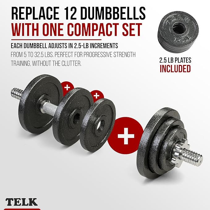 TELK – Adjustable Dumbbell Set – Home Gym Weight Set with Baked Enamel Cast Iron Plates – Space-Saving Free Weights for Strength Training-FlexoryFit
