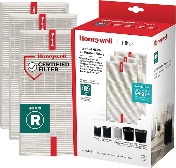 Honeywell HEPA Air Purifier Filter R, 3-Pack for HPA 100/200/300 and 5000 Series - Airborne Allergen Air Filter Targets Wildfire/Smoke, Pollen, Pet Dander, and Dust