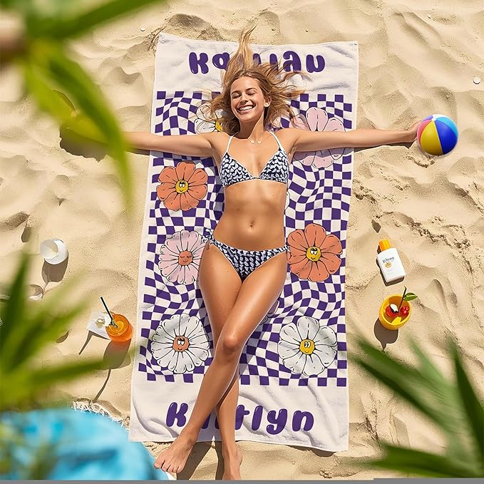 JML Personalized Beach Towel with Name, Custom Flower Beach Towel, Customized Microfiber Pool Towel, Quick Dry & Absorbent Swim Towel for Adult,Anniversary, Birthday, Summer Holiday,Vacation-FlexoryFit
