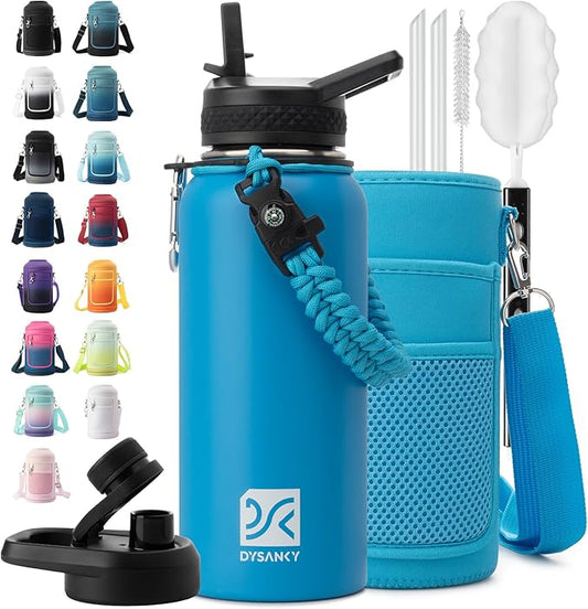 Insulated Water Bottle | Thickened Stainless Steel Vacuum Metal | Portable Sports Water Jug for Gym and Hiking with Straw, Carrier Bag, Handle Strap | BPA-Free 32 oz-FlexoryFit