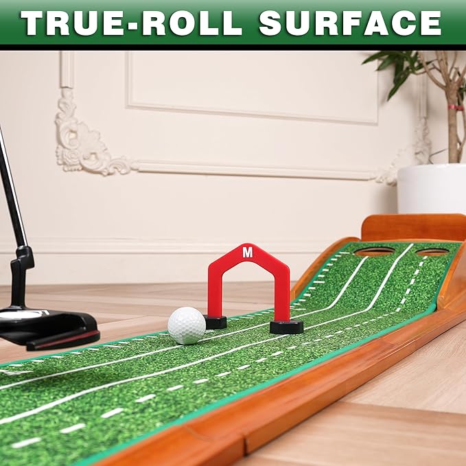 CHAMPKEY Premium Wooden Golf Mat with 3 Putting Gates - Realistic Putting Surface Simulates Green - Improve Accuracy